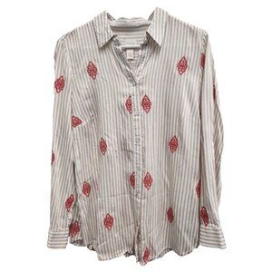 Chicos Button up Shirt Womens Medium Embroidered Striped Long Sleeve BOHO Casual